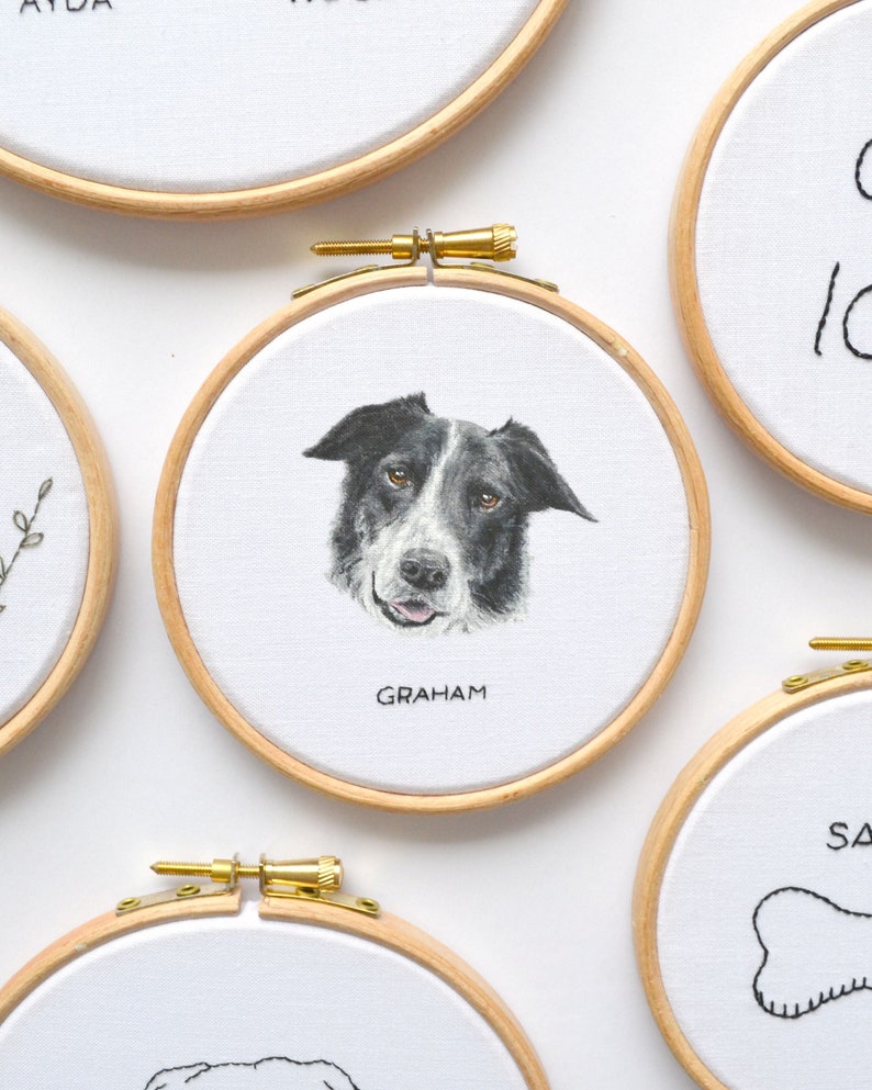 Personalised painted pet portrait embroidery hoop art, loss of dog memorial gift for a dog lover image 1