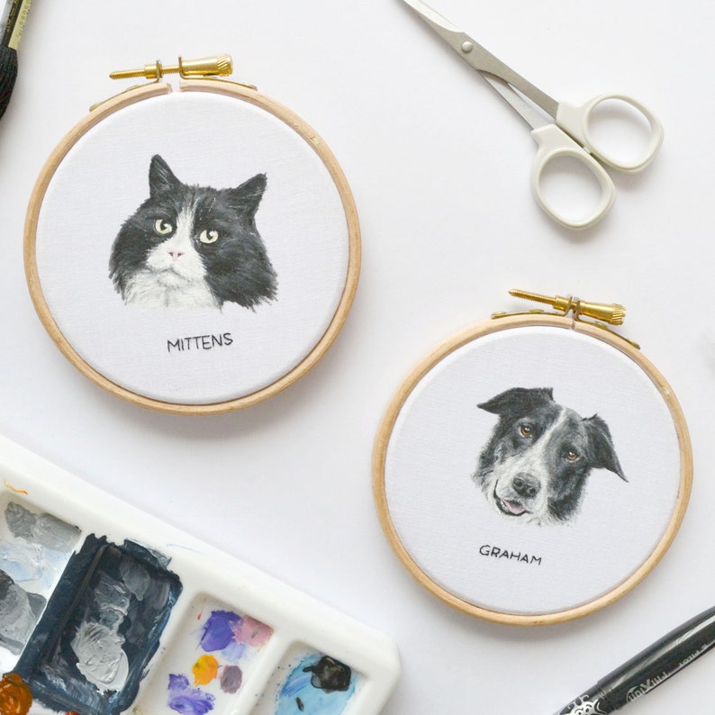 Personalised painted pet portrait embroidery hoop art, loss of dog memorial gift for a dog lover image 4