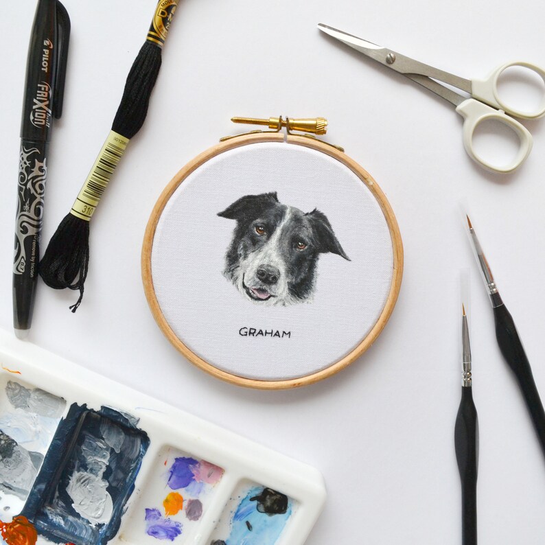 Personalised painted pet portrait embroidery hoop art, loss of dog memorial gift for a dog lover image 5