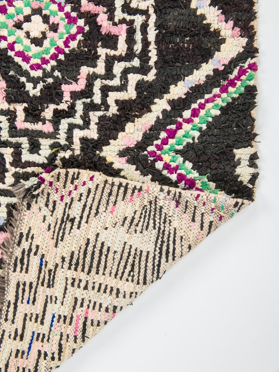 Handwoven Moroccan Runner Rug Black and Multicolor Wool Rug