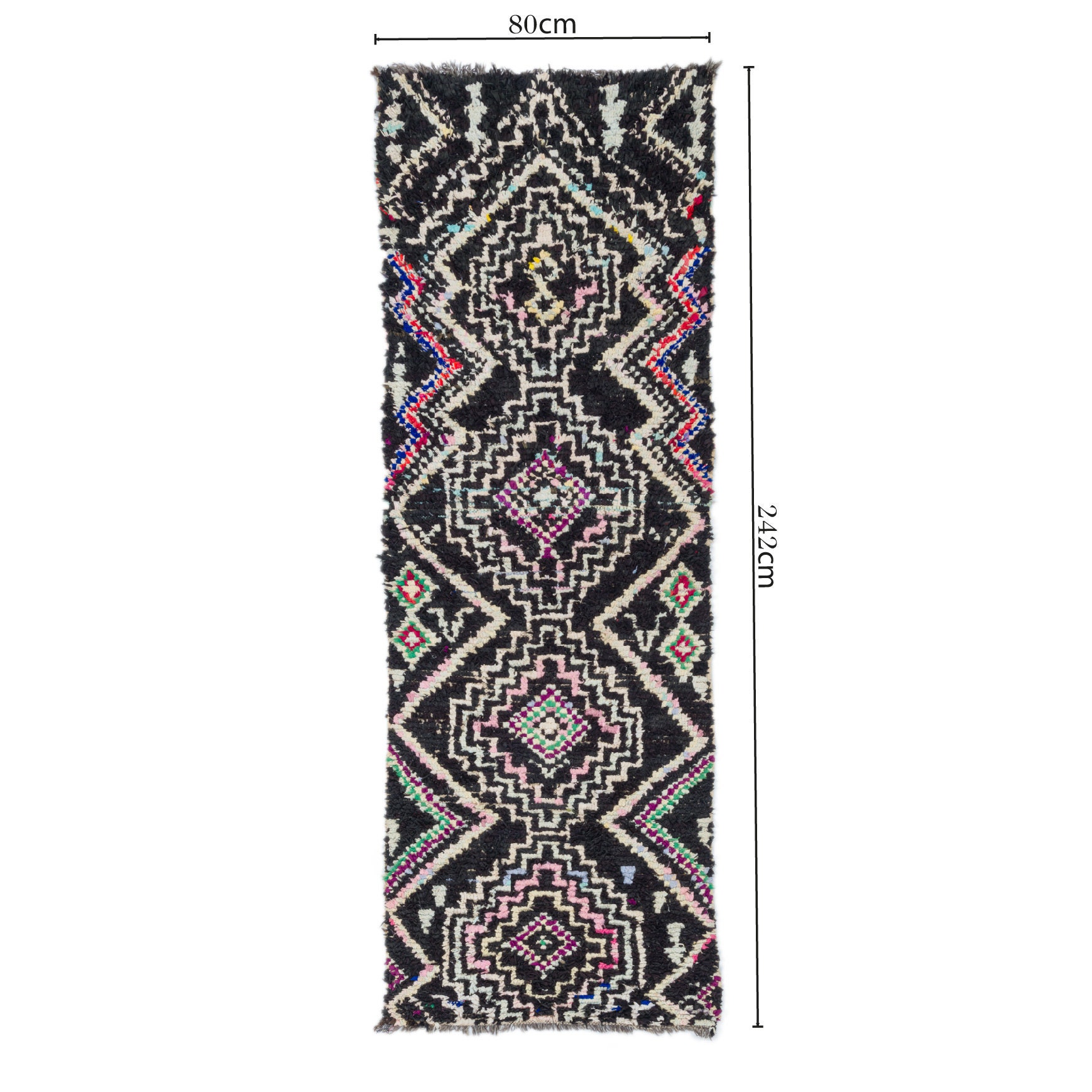 Handwoven Moroccan Runner Rug Black and Multicolor Wool Rug