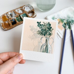 eucalyptus - watercolour polaroid painting - original - mini artwork - painted bookmark - small cute art - aesthetic - vase - flower - plant