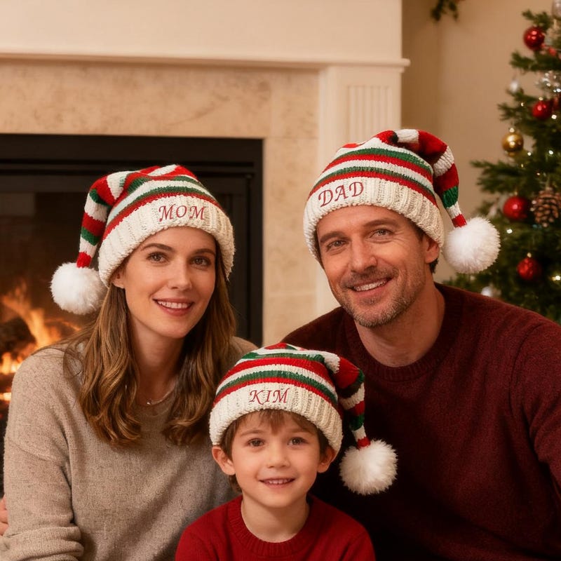 Santa Hat, Embroidered Beanie, 2025 Christmas Knitted Hats for Kids, Adults, Family, Holiday Decor, Pom Pom Beanie for Toddlers