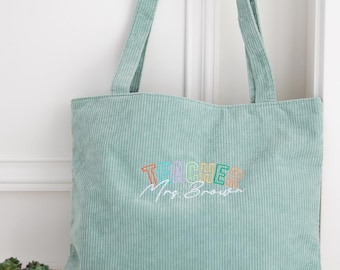 Teacher Tote Zipper, Custom Corduroy Bag, Bridesmaid Proposal, Embroidered Bag with Name, Mrs. Gift, Winter Accessories 25110201