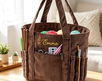 Gepersonaliseerde corduroy breitas, geborduurde garenopbergtas (cadeau voor breiers) Geborduurde breigarenopbergtas LM1609