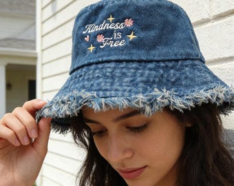 Denim Bucket Hat, Kindness Hats, Womens Sun Hat, Be Kind, Summer Cap, Bach Party Favors, Personalized Text & Logo Embroidery 26031103