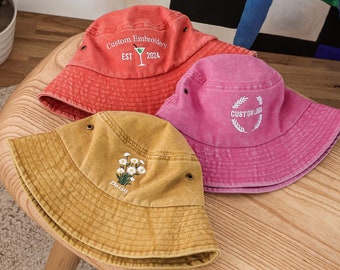 Hand Embroidered Star Flower Bucket Hat, Lightweight Cotton
