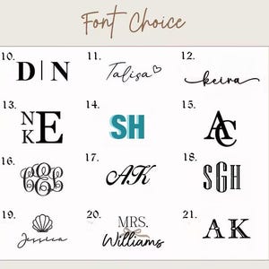 May include: A grid of twelve black and teal typography and monogram options labeled 10 through 21 under the heading Font Choice. The designs feature various serif, sans-serif, and script styles, including initials, names, and a shell icon.