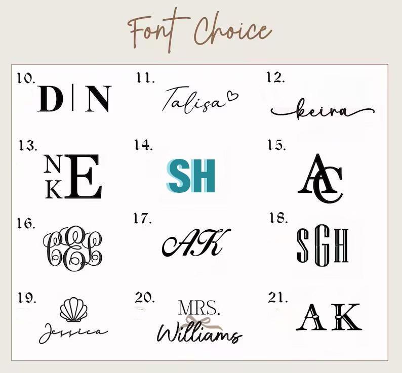 May include: A grid of twelve black and teal typography and monogram options labeled 10 through 21 under the heading Font Choice. The designs feature various serif, sans-serif, and script styles, including initials, names, and a shell icon.