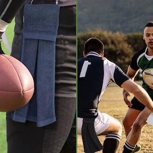 May include: The image shows two scenes of athletes playing football and rugby. A navy blue towel is attached to a player's waist. A brown football is held by a player. Another scene shows rugby players with a white towel.
