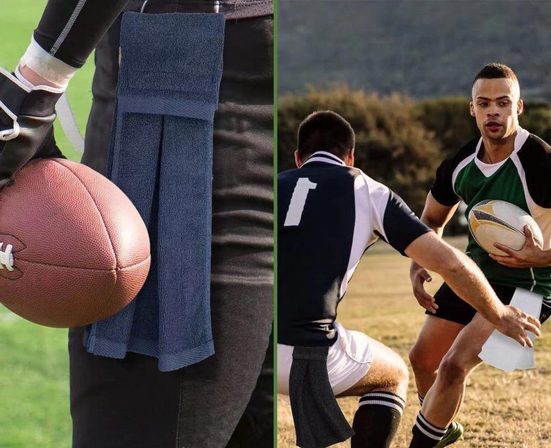 May include: The image shows two scenes of athletes playing football and rugby. A navy blue towel is attached to a player's waist. A brown football is held by a player. Another scene shows rugby players with a white towel.