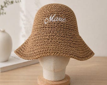 Personalized Straw Sun Hat, Embroidered Beach Hat,Summer Bucket Hat,Bachelorette Party Favors, Bridesmaid Gift,Bridesmaid Gifts F05