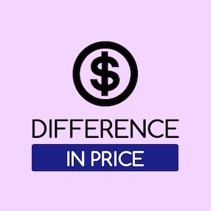 以下が含まれることがあります： 黒い円の中の黒いドル記号のアイコン。黒いテキストで「DIFFERENCE IN PRICE」という単語の上にあります。「IN PRICE」というテキストは青い長方形にあり、すべて薄紫色の背景にあります。