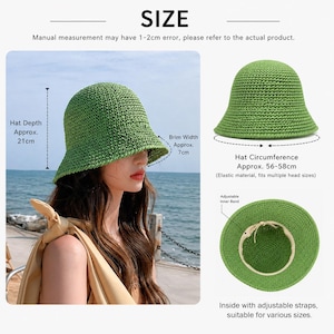 May include: A green woven sun hat with a brim width of approximately 2.75 inches and a hat depth of approximately 8.25 inches. The hat circumference is approximately 22-23 inches and has an adjustable inner band. Suitable for various sizes.