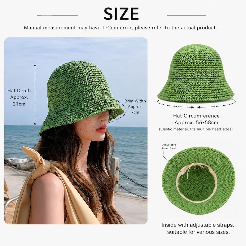 May include: A green woven sun hat with a brim width of approximately 2.75 inches and a hat depth of approximately 8.25 inches. The hat circumference is approximately 22-23 inches and has an adjustable inner band. Suitable for various sizes.