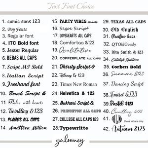 May include: A white rectangular graphic displays a variety of text fonts, numbered 1 through 42. The fonts include styles like "comic sans 123", "ITC Bold font", "Italian Script", and "FLAMES ALL CAPS". The text "Text Font Choice" is at the top.