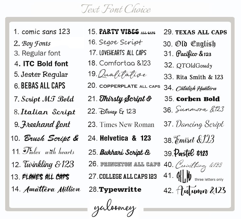 May include: A white rectangular graphic displays a variety of text fonts, numbered 1 through 42. The fonts include styles like "comic sans 123", "ITC Bold font", "Italian Script", and "FLAMES ALL CAPS". The text "Text Font Choice" is at the top.