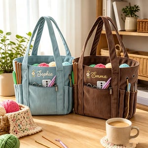 Bolsa de punto de pana personalizada, bolsa de almacenamiento de hilo bordada (regalo para tejedores)Bolsa de almacenamiento de hilo de punto bordadaLM1609