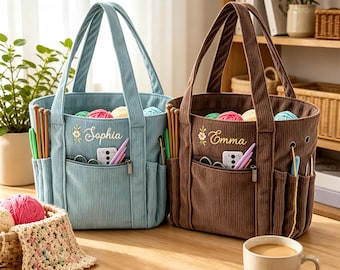 Personalized Corduroy Knitting Bag, Embroidered Yarn Storage Tote (Gift for Knitters)Embroidered Knitting Yarn Storage ToteLM1609