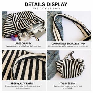 May include: A black and white striped tote bag featuring a spacious interior, wide shoulder straps, and durable fabric. The image includes text labels reading DETAILS DISPLAY, THE DETAILS SHON, LARGE CAPACITY, COMFORTABLE SHOULDER STRAP, HIGH-QUALITY FABRIC, and STYLISH DESIGN.