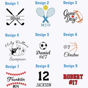 May include: Nine sports-themed designs with text and graphics. Designs include golf clubs, tennis rackets with a ball, a football with "Game Day", bowling pins, a soccer ball, a basketball, a baseball with "Franklin #14", the number 12 with "Jackson", and "Robert #17".
