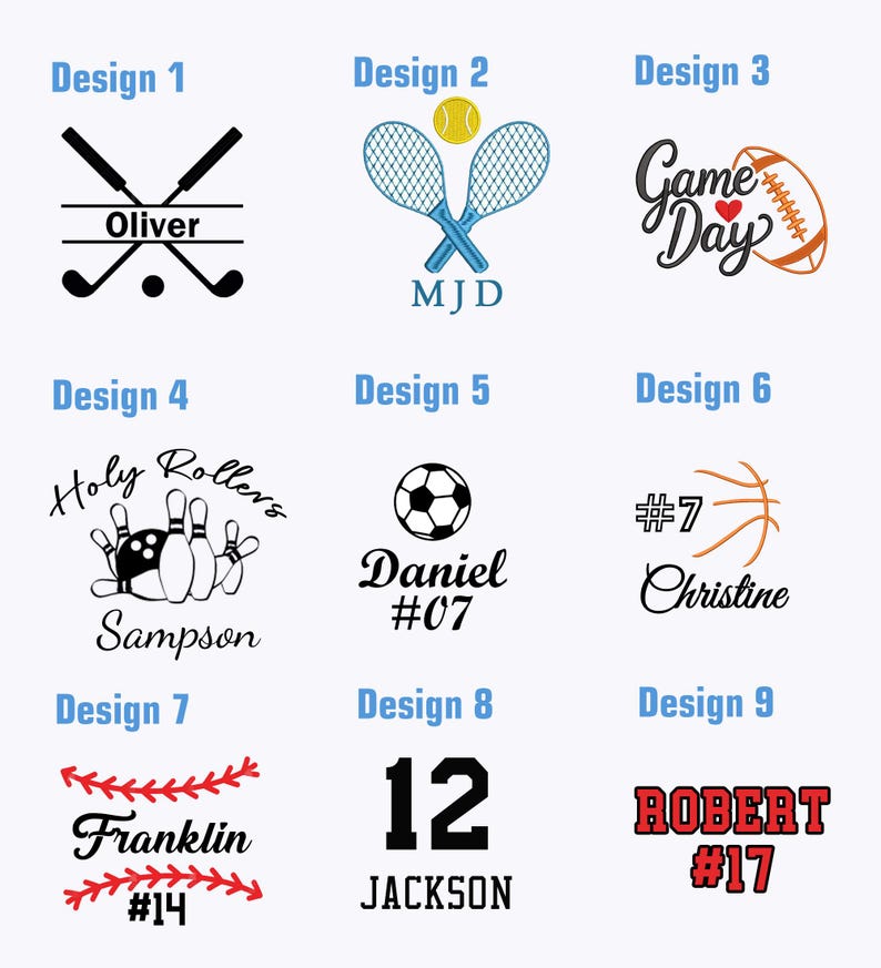May include: Nine sports-themed designs with text and graphics. Designs include golf clubs, tennis rackets with a ball, a football with "Game Day", bowling pins, a soccer ball, a basketball, a baseball with "Franklin #14", the number 12 with "Jackson", and "Robert #17".