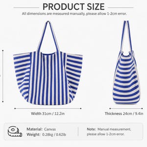 May include: A blue and white striped canvas tote bag shown from the front and side. Dimensions are 12.8 inches in height, 12.2 inches in width, and 9.4 inches in thickness. The bag weighs 0.62 pounds and features two long shoulder straps.