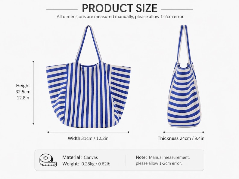 May include: A blue and white striped canvas tote bag shown from the front and side. Dimensions are 12.8 inches in height, 12.2 inches in width, and 9.4 inches in thickness. The bag weighs 0.62 pounds and features two long shoulder straps.