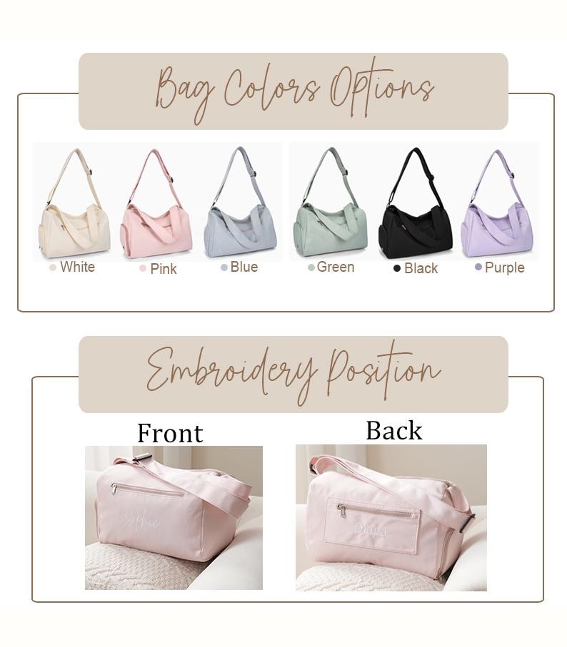 May include: Six different color options for a gym bag are shown: white, pink, blue, green, black, and purple. The bag is shown in two positions: front and back. The text "Embroidery Position" is shown above the two positions.