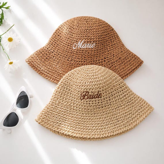 Personalized Straw Sun Hat, Bride hat,Wedding Cap,Embroidered Beach Hat,Summer Bucket Hat,Bach Party Gift, Bridesmaid Gift,Travel Hats F05