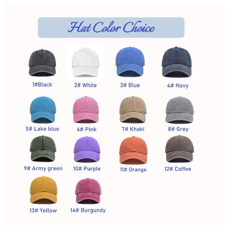 K&ouml;nnte beinhalten: Eine Tabelle mit 14 verschiedenen Farben von Baseballkappen. Die Farben umfassen Schwarz, Wei&szlig;, Blau, Marineblau, Seegr&uuml;n, Pink, Khaki, Grau, Armeegr&uuml;n, Lila, Orange, Kaffee, Gelb und Burgunder.