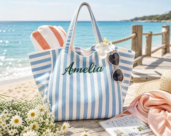 Personalized Striped Canvas Tote Bag,Custom Embroidered Beach Travel Shoulder Bag,Vacation Bag,Bridesmaid GiftLM1608
