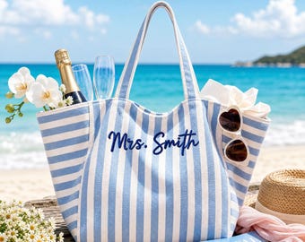 Personalized Mrs Striped Beach Tote Bag,Custom Embroidered Name Canvas Tote,Bride Honeymoon Bag,Wedding Gift for Bride,Bridal Shower GiftLM1