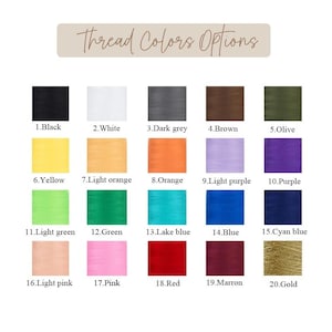 May include: A chart showing 20 different thread colors with their corresponding numbers and names. The colors include black, white, dark grey, brown, olive, yellow, light orange, orange, light purple, purple, light green, green, lake blue, blue, cyan blue, light pink, pink, red, maroon, and gold.
