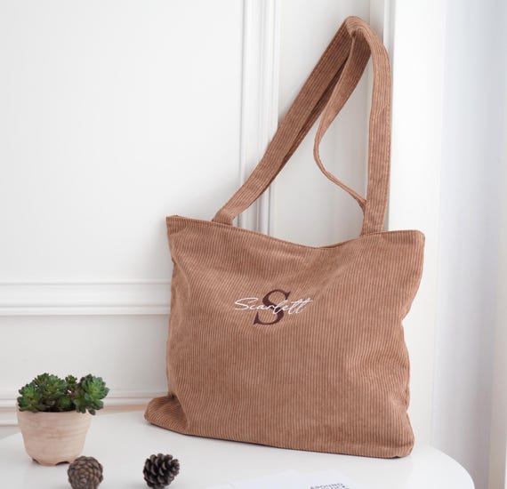 Embroidered Corduroy Bag, Zipper Tote Bag, Bachelorette, Wedding Party Gifts, Personalized Tote Bags, Shoulder Bag Monogram 25102401