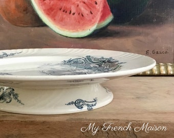 French Vintage Cake Plate: Blue Transferware Rocaille Luneville Platter