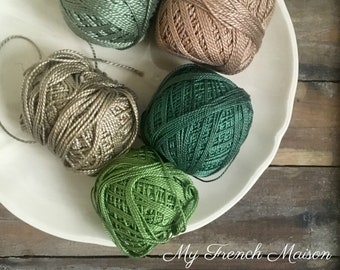 French Vintage Cotton Thread Collection / Balls of Green and Beige Cotton Thread / Vintage Crafts Supplies / Eclectic Photography Props