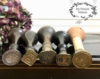 French Vintage Brass Seal Stamp: Shabby Chic Office Decor - Initials I R