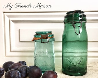 French Vintage Set of Green Glass Preserves Jars / Vintage Green Glass Storage Jars / Kitchen Storage / Vintage Storage Jars / Shabby Chic