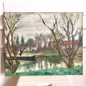 French Vintage Springtime in the Country Painting / Oil on Canvas Vintage Art / French Home Decor / Shabby Chic Decor / Eclectic Home Decor