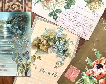 French Vintage Postcard Collection: Early 1900s Ephemera, Embossed Floral Cards
