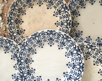 Antique Gien Dinner Plates - Set of 5 French Ironstone - Blue Transferware