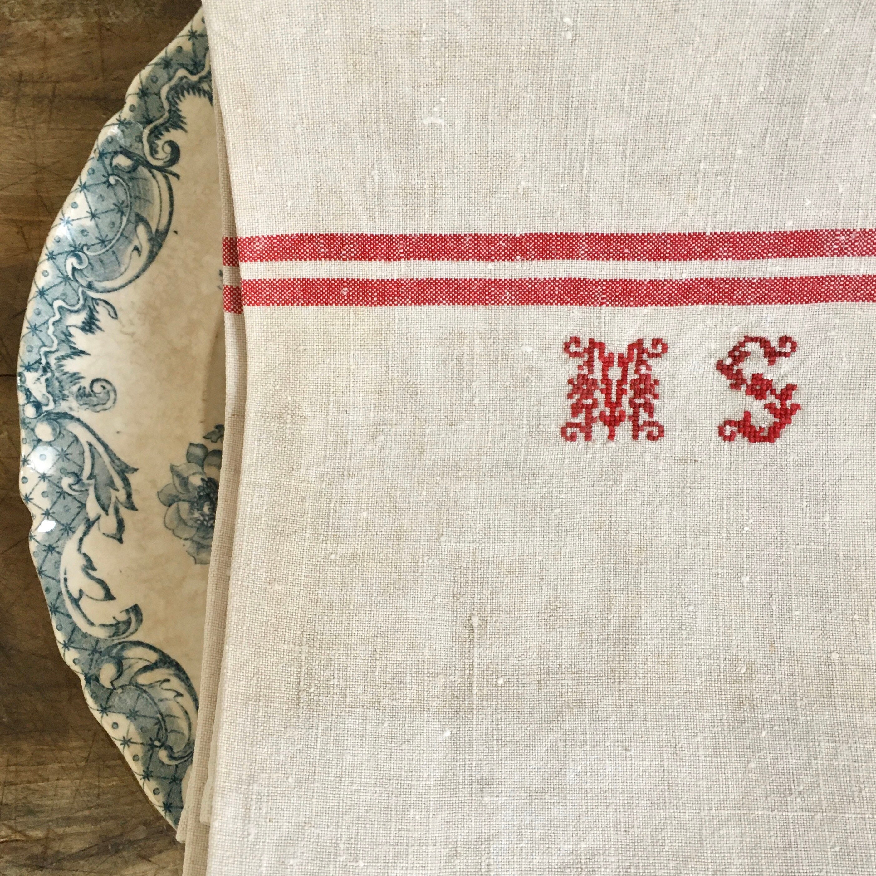 Français Vintage Linge Monogrammé Serviettes de Cuisine/Torchon en Lin Traditionnel Serviette Rustiq