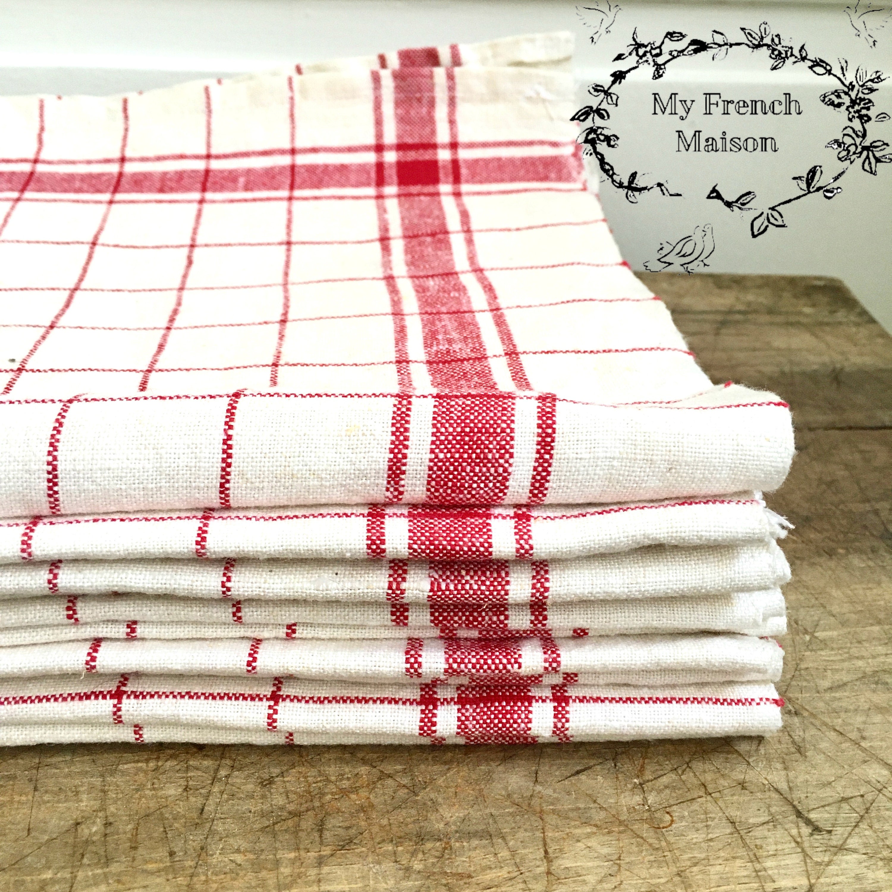 Français Vintage en Lin à Carreaux Serviette de Cuisine/Torchon en Traditionnel Français Farmhouse B