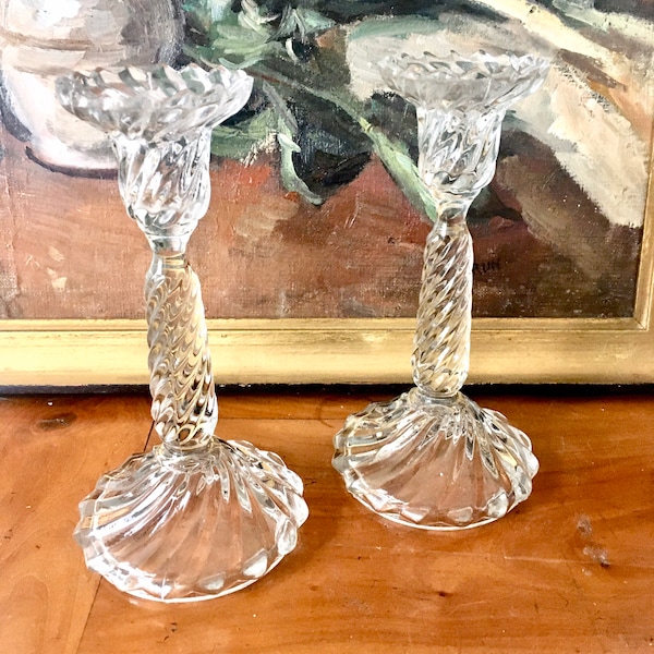 French Vintage Pair of Glass Candlesticks / Pressed Glass Candlesticks / French Country Decor / Vintage Home Decor / French Cottage Decor