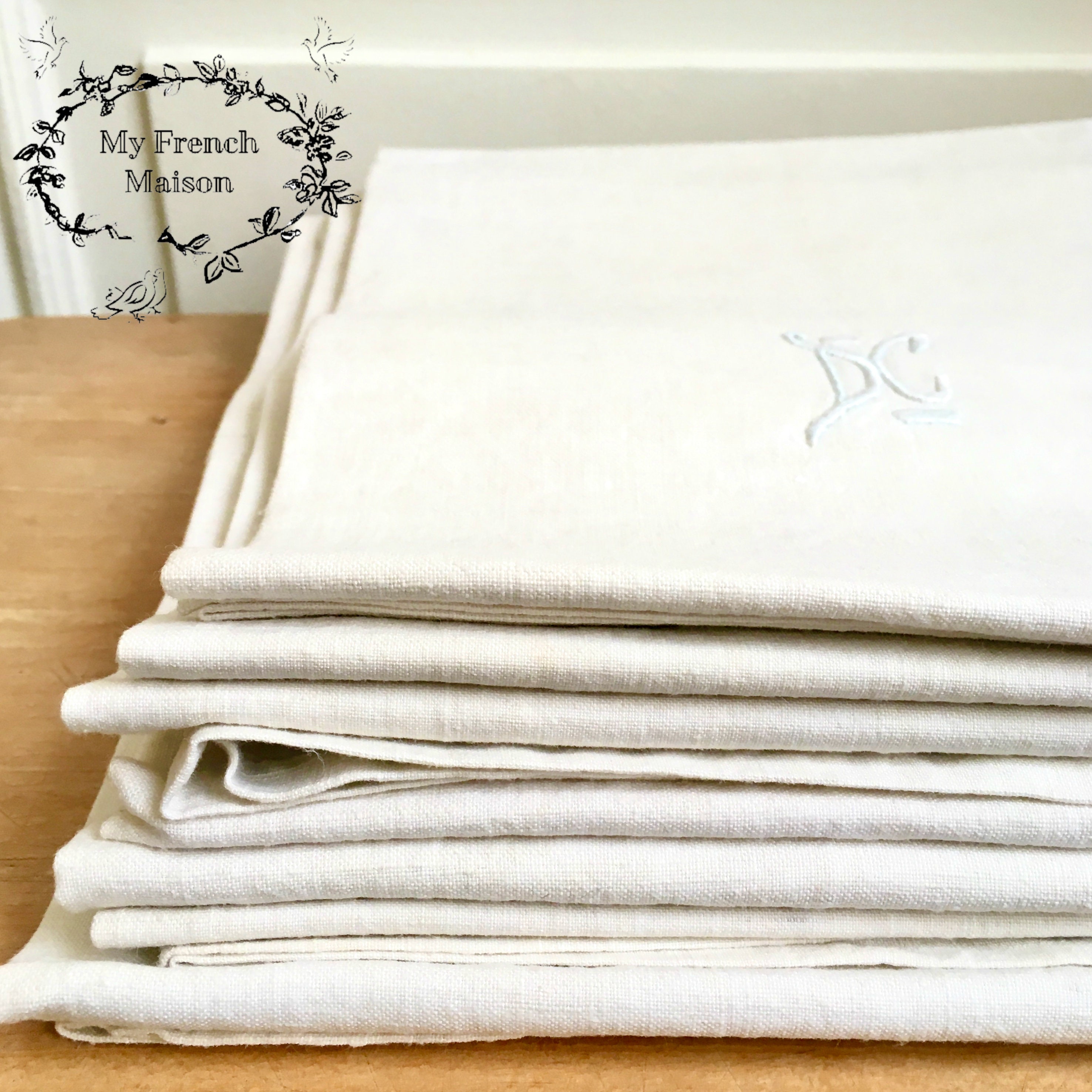 Français Vintage White Linen Monogrammed Kitchen Towels/Torchons Français Farmhouse Shabby Chic Deco