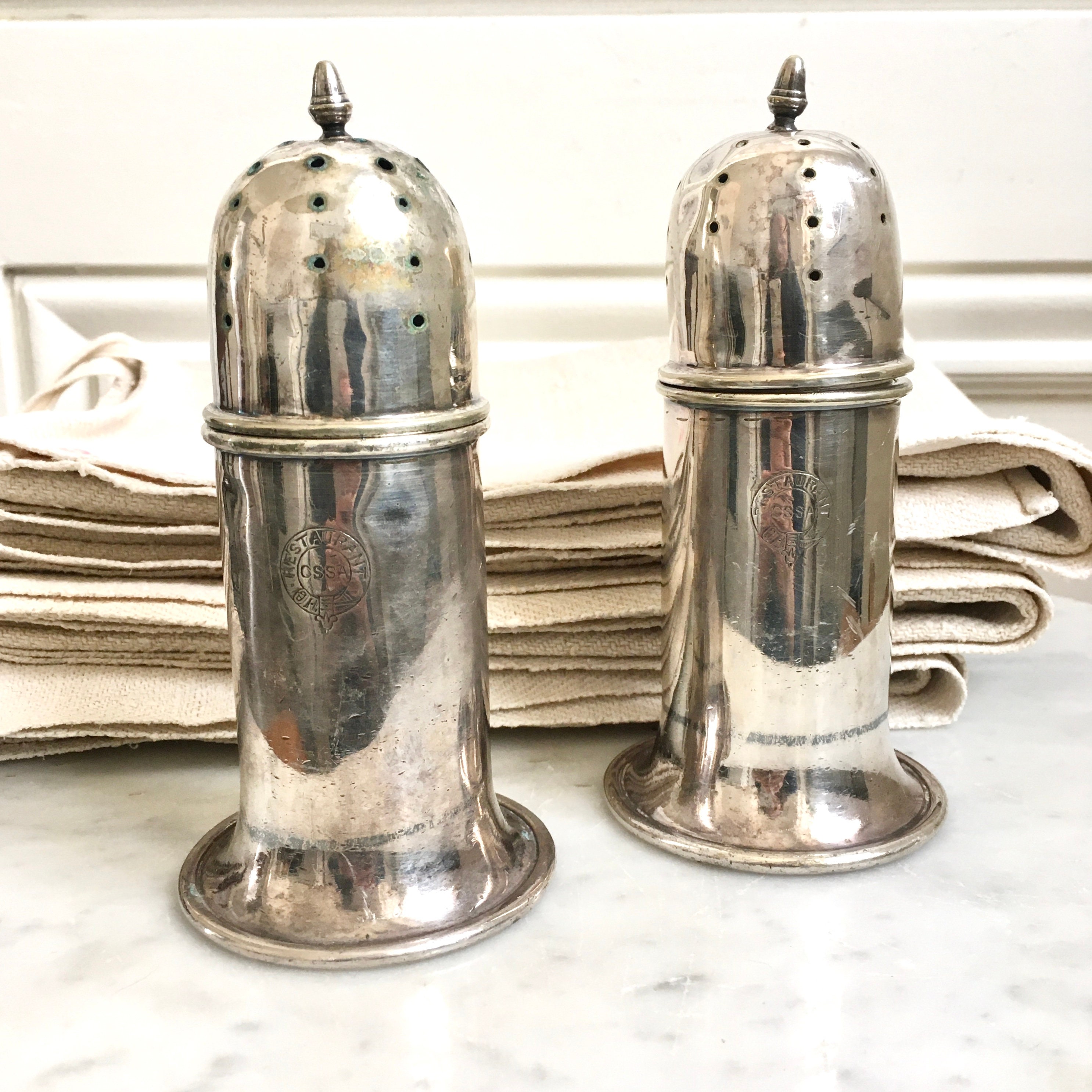 Vintage Hutton Sheffield Silver Plated Sugar Shakers: Shabby Chic Hotelware Set