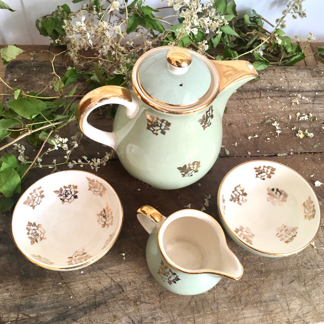 Vintage Tea for Two Green and Gold Tea Set / French Country Style ...