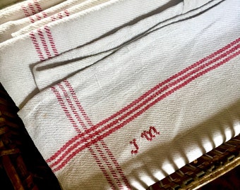 Asciugamano da cucina con monogramma rosso e bianco vintage francese / Torchon di lino vintage francese / Arredamento country francese / Arredamento cucina francese