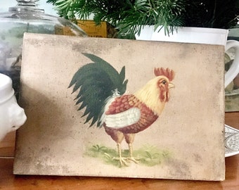 French Vintage Rooster Painting / French Country Style / French Folk Art / French Cottage / Shabby Chic / Vintage Original Oil Painting